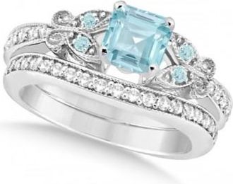 Allurez Butterfly Aquamarine & Diamond Princess Bridal Set 14k W. Gold 1.55ct