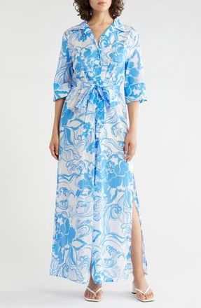 Tori Richard A Swell Time Sanna Tie Waist Shirtdress in White/Blue at Nordstrom Rack, Size X-Small