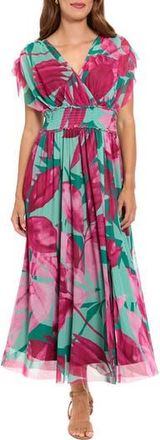 London Times Cap Sleeve Mesh Maxi Dress in Green/Raspberry at Nordstrom Rack, Size X-Large