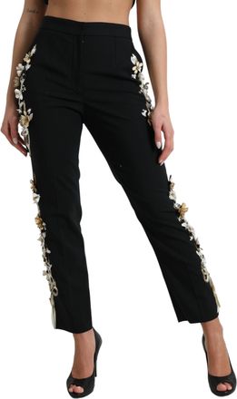 Dolce & Gabbana Black Floral Applique High Waist Tapered Womens Pants