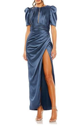 Mac Duggal Pleated Charmeuse Dress with Puff Sleeves and Draped Waist in Midnight at Nordstrom, Size 12