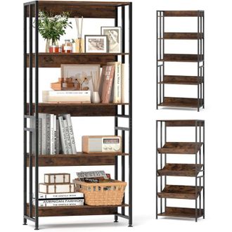 Costway Costway - Libreria Aperta a 5 Ripiani Regolabili e Inclinabili, Scaffale Salvaspazio in Legno, Scaffale Portaoggetti Espositivo per Camera da Letto