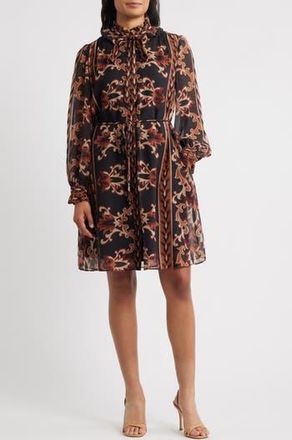 Julia Jordan Florentine Print Long Sleeve Tie Neck Shirtdress in Black Multi at Nordstrom Rack, Size X-Small