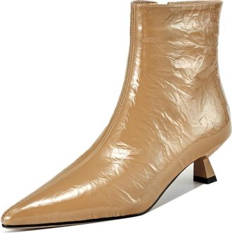 TinaCus Womens Handmade Patent Leather Pointed Toe Side Zip Kitten Heel Ankle Boots, Apricot, 8 UK