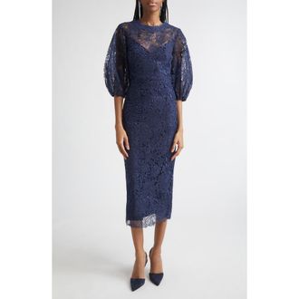 Carolina Herrera Balloon Sleeve Lace Midi Pencil Dress in Midnight at Nordstrom, Size 14