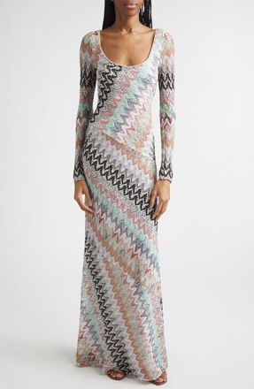 Missoni Metallic Zigzag Long Sleeve Raschel Knit Dress in Wht Pnk Lt Ble Tones at Nordstrom, Size 6 Us