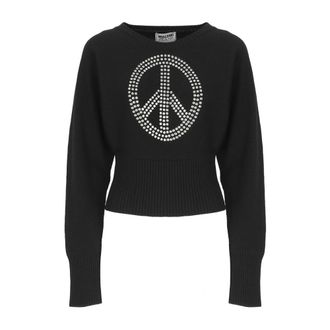 Moschino Zwarte trui met Peace logo - Dames - Ronde hals truien - Zwart - M - Wol - Truien & Vesten