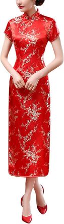 Generic Vintage Short Sleeve Maxi Cheongsam Print High Slit Side Traditional Chinese New Year Party Bodycon Costume, Plum Red, M
