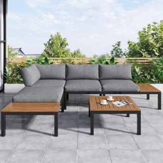 C&A Compact L-Shaped Patio Lounge Set for 4 with Wooden Table-Quality Grey Furniture for Outdoor Spaces