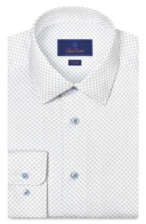 David Donahue Trim Fit Neat Print Cotton Dress Shirt in White/Dune at Nordstrom, Size 16.5 - 36