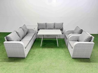 Fimous Rattan High Back Lounge Sofa Set with Reclining Chairs Side Table in Light Grey