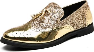 Generic Mens Leather Dress Shoes Business Formal Shoes Slip-On Loafer for Men Gold Wedding Party Prom Shoes,Gold,11.5 UK