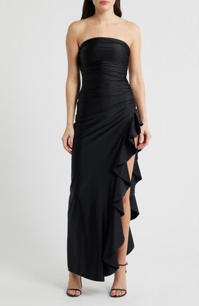 Emerald Sundae Shirred Ruffle Strapless Gown in Black at Nordstrom, Size Medium