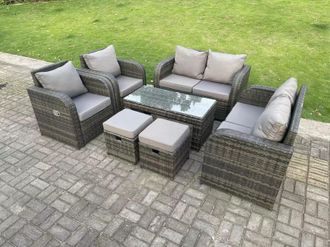 Fimous 8 Seater Dark Grey PE Rattan Garden Furniture Set Reclining Chair 2 Seater Love Sofa Set Coffee Table Stools