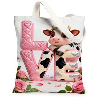 Generic Cute Cow Love Canvas Tote Bags, Floral Pattern Reusable Grocery Bags, Lightweight Washable Shoulder Strap Canvas for Shoppi, Peach, 13x15 Inch