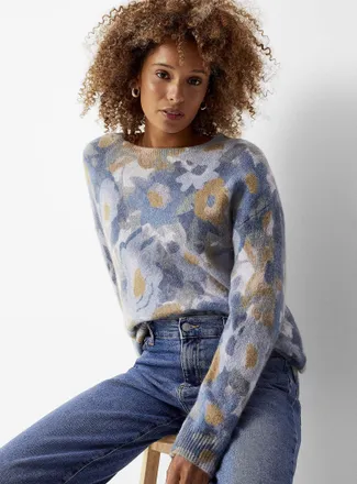Contemporaine Womens Colorful flower garden fuzzy knit sweater