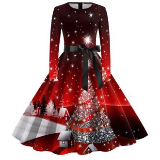 Generic Christmas Dresses for Women Cute Xmas Printed Cocktail Midi Skater for Chirstmas Party Prom Swing Dresses Round Neck Graphic Print Women Dresses Winte