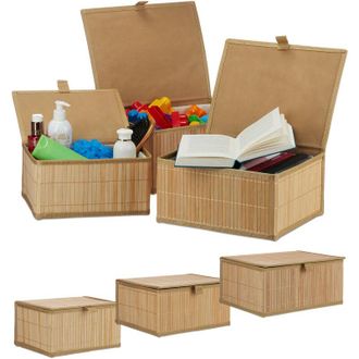 Relaxdays Set da 6 Cesti Portaoggetti, Coperchio e Chiusura a Strappo, Cestino Contenitore in Bamb&ugrave;, legno, colore naturale