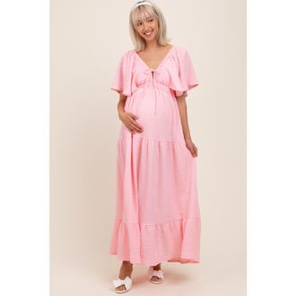 Pinkblush Woven Textured Flutter Sleeve V-Neck Tiered Maxi Dress in Light Pink at Nordstrom, Size Medium