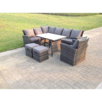 Fimous High Back Dark Mixed Grey Rattan Corner Sofa Set Outdoor Furniture Rectangular Dining Table 2 Small Footstools Chair 9 Seater