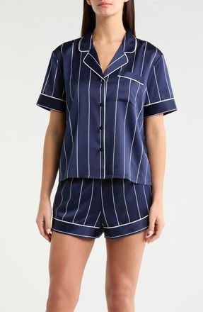 Nordstrom Satin Short Pajamas in Navy- White Calm Pinstripe at Nordstrom, Size X-Small