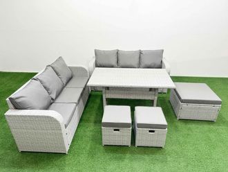 Fimous Outdoor Garden Furniture Sets 9 Seater Wicker Rattan Furniture Sofa Sets w/ Rectangular Dining Table high Back Lounge Sofa 3 Stools Light Grey