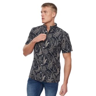 Bewley & Ritch Bewley and Ritch Mens Haltom Print Printed Cotton Blend Short Sleeve Button-Up Shirt (L, Navy Print)