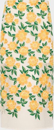 Milly Marta Floral-Embroidered Straight Midi Skirt