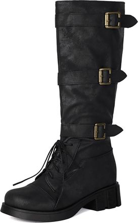 Generic Womens Knee High Lace Up Boots Multiple Buckle Straps Round Toe Chunky Block Heels PU Leather Comfortable Non Slip Fall Winter Party,Black,6.5 UK