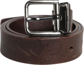 Dolce & Gabbana Brown Leather Classic Metal Logo Buckle Mens Belt (Pre-Owned)