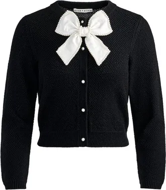 Alice & Olivia Dollie Wool Cardigan w/Bow, Black/Soft White