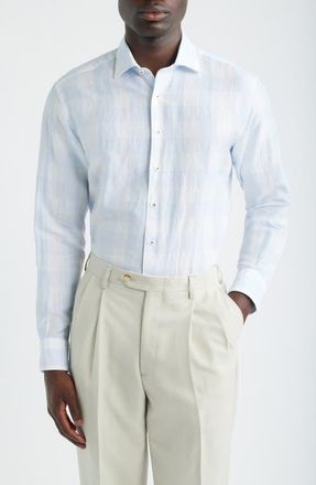 Eterna Modern Fit Cotton & Linen Easy-Iron Dress Shirt in Light Blue at Nordstrom, Size 17.5 - L