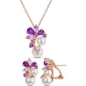 Delmar Cultured Freshwater Pearl, Amethyst & Africa Rose de France Necklace & Lever-Back Earrings Set in Multi-Color at Nordstrom Rack