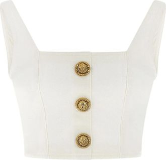 Balmain Top met vierkante hals en knopen - Dames - Tops zonder mouwen - Wit - XS - Nylon - Tops