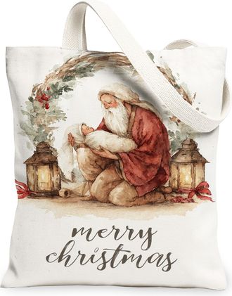 Generic Christmas Santa Canvas Tote Bags, Vintage Holiday Artwork Reusable Grocery Bags, Lightweight Washable Shoulder Strap Canvas, White, 13x15 Inch