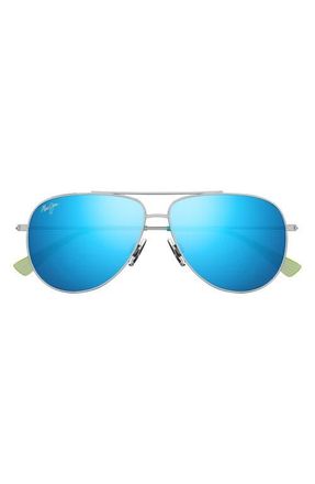 Maui Jim Hauoli XL 62mm Polarized Oversize Aviator Sunglasses in Silver/Blue Hawaii at Nordstrom