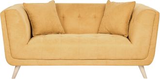 Beliani Sof&aacute; 2 Plazas De Tela Con Cojines Decorativos Patas De Madera Capiton&eacute; Estilo Retro Mostaza Habo