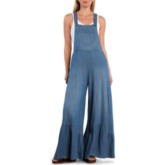 BILLY T Butterfly Ruffle Leg Cotton Blend Overalls in Vintage Denim at Nordstrom, Size X-Small