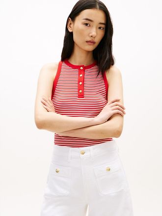 Tommy Hilfiger Womens Stripe Gold-Button Henley Tank Top - Red - XXS