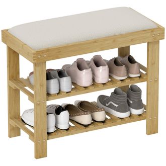 HOMCOM 3-Tier Shoe Storage Bench - Bamboo Shoe Rack for Entryway - Cream | TJ Hughes