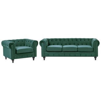Beliani Conjunto De Sof&aacute;s Chesterfield Tapizado En Terciopelo Verde Patas De Madera Oscura Sof&aacute; 3 Plazas + Sill&oacute;n Estilo Cl&aacute;sico Chesterfield