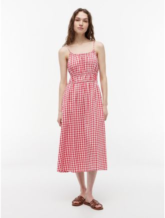 Tommy Hilfiger Womens Gingham Shirred Linen-Blend Midi Dress - Pink - XXL