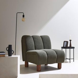 Sweeek Wooden Armchair With Rounded Legs In Boucle Fabric in Khaki