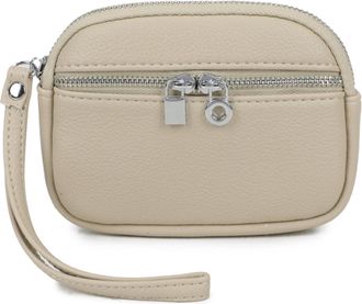 Generic Womens Small Wristlet Pouch, Dual Zipper Compartments, Silver Hardware, Small Clutch Bag with Strap (Beige)