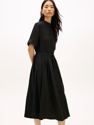 Tommy Hilfiger Sommerkleid TOMMY HILFIGER ESS LINEN MIDI SS SHIRT DRESS, Damen, Gr. L (42/44), N-Gr, schwarz, Web, Obermaterial: 100% Leinen, unifarben, tailliert wa