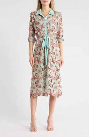 L'agence Emilio Floral Long Sleeve Midi Shirtdress in Aqua/Red Eyelet at Nordstrom Rack, Size Xx-Small