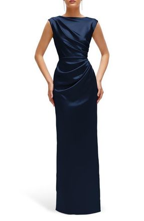 After Six Pleated Cap Sleeve Charmeuse Gown in Midnight at Nordstrom, Size Xx-Large