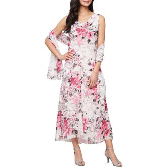 Alex Evenings Floral Sleeveless Burnout Chiffon Dress with Shawl in Fuchsia Mult at Nordstrom Rack, Size 18 (Similar To 14W)