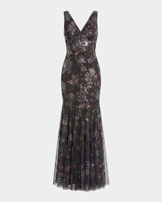 Mac Duggal Sequin Floral-Print Mesh Mermaid Gown
