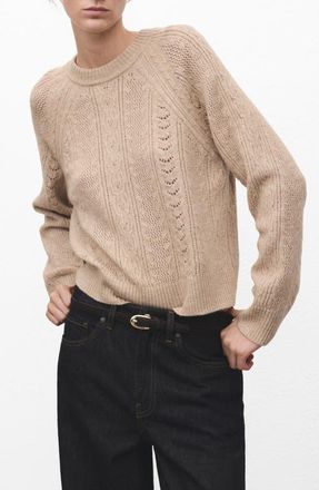 Mango Pointelle Crewneck Sweater in Medium Brown at Nordstrom, Size X-Small